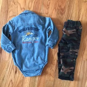 Carter’s outfit with denim shirt and camo pants